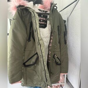 Superdry coat jacket with pink fur new size 10